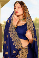 Beauteous Blue Color Satin Fabric Partywear Saree