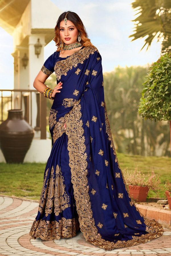 Beauteous Blue Color Satin Fabric Partywear Saree