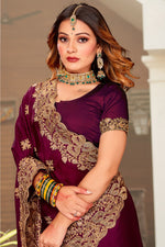 Beauteous Wine Color Satin Fabric Partywear Saree