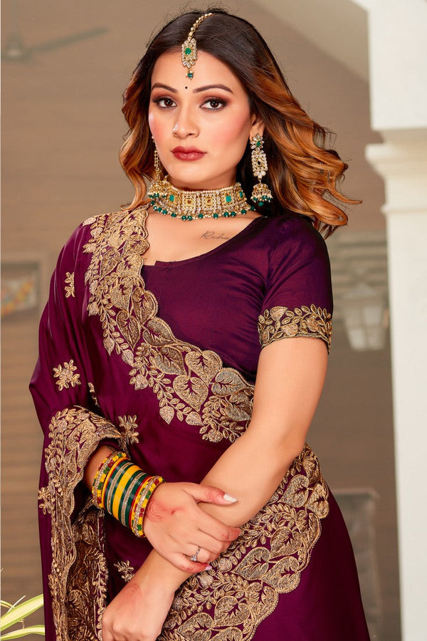 Beauteous Wine Color Satin Fabric Partywear Saree