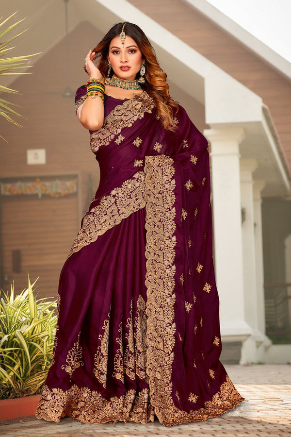 Beauteous Wine Color Satin Fabric Partywear Saree