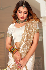 Beauteous Cream Color Satin Fabric Partywear Saree