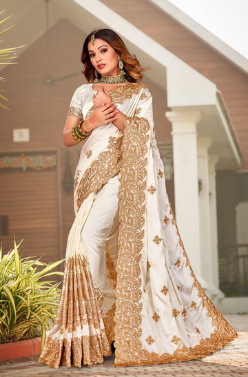 Beauteous Cream Color Satin Fabric Partywear Saree