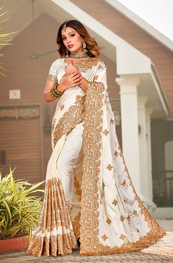 Beauteous Cream Color Satin Fabric Partywear Saree