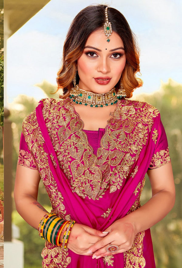 Beauteous Pink Color Satin Fabric Partywear Saree