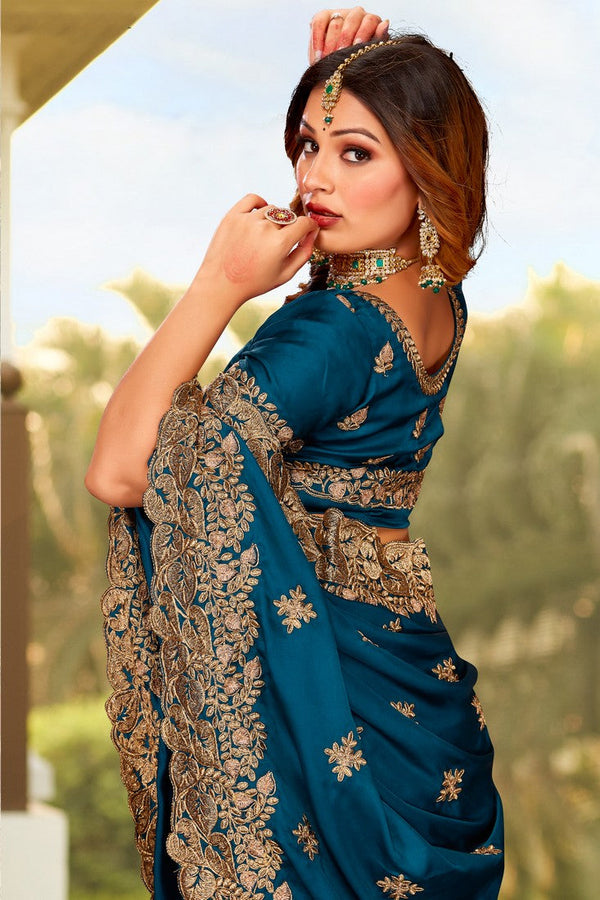 Beauteous Teal Color Satin Fabric Partywear Saree
