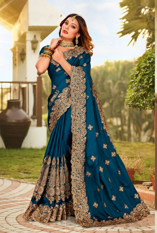 Beauteous Teal Color Satin Fabric Partywear Saree