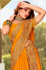 Beauteous Mustard Color Satin Fabric Partywear Saree