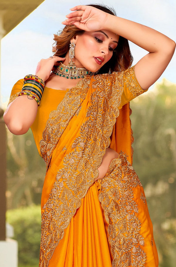 Beauteous Mustard Color Satin Fabric Partywear Saree