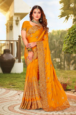 Beauteous Mustard Color Satin Fabric Partywear Saree