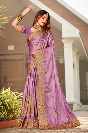 Beauteous Purple Color Satin Fabric Partywear Saree