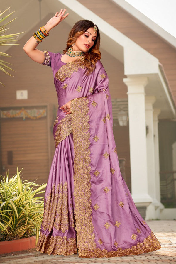 Beauteous Purple Color Satin Fabric Partywear Saree