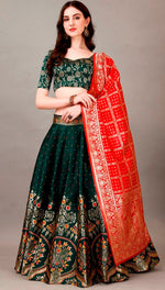 Glowing Green Color Jacquard Fabric Party Wear Lehenga
