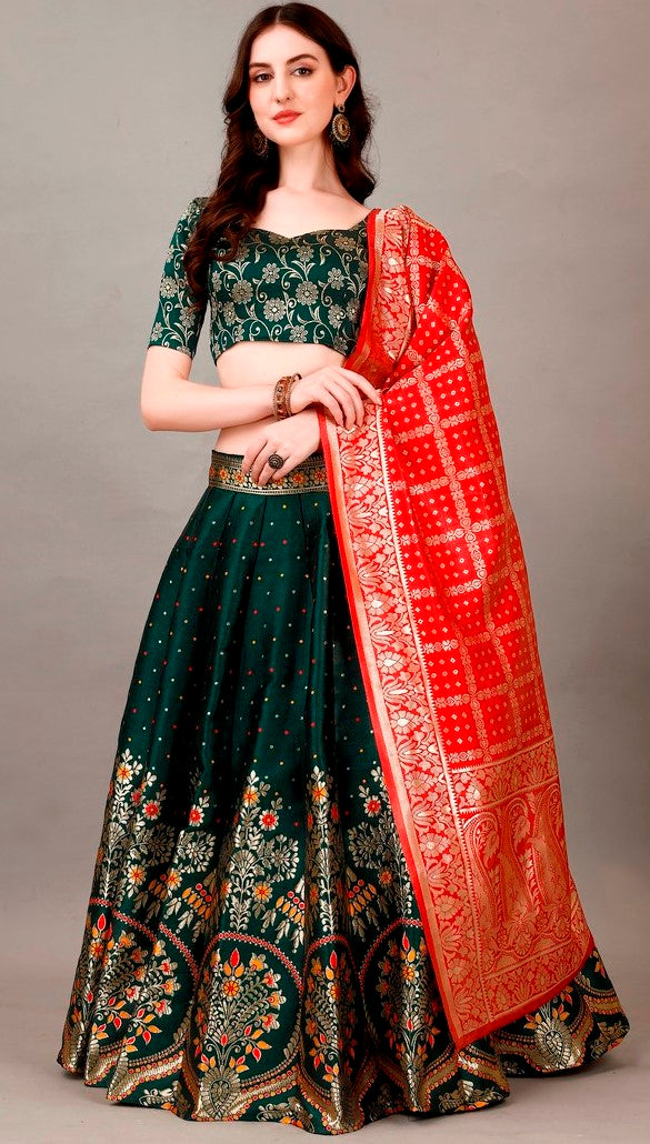Glowing Green Color Jacquard Fabric Party Wear Lehenga