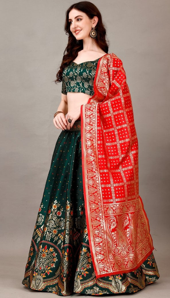 Glowing Green Color Jacquard Fabric Party Wear Lehenga