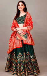 Glowing Green Color Jacquard Fabric Party Wear Lehenga