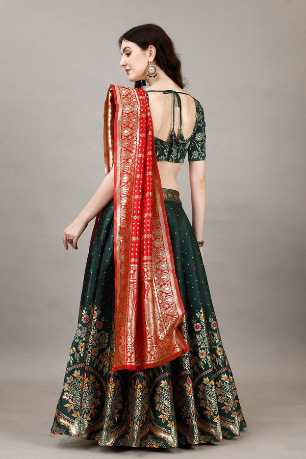 Glowing Green Color Jacquard Fabric Party Wear Lehenga