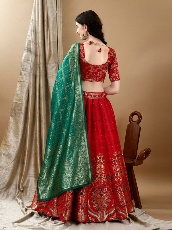 Glowing Red Color Jacquard Fabric Party Wear Lehenga