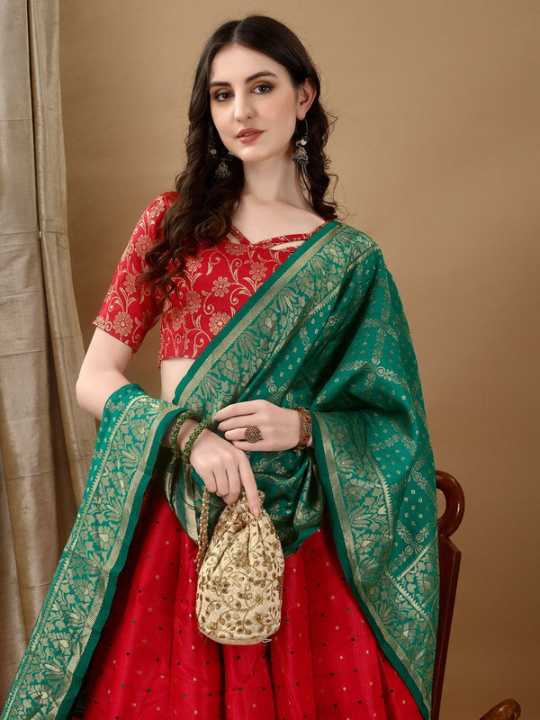 Glowing Red Color Jacquard Fabric Party Wear Lehenga