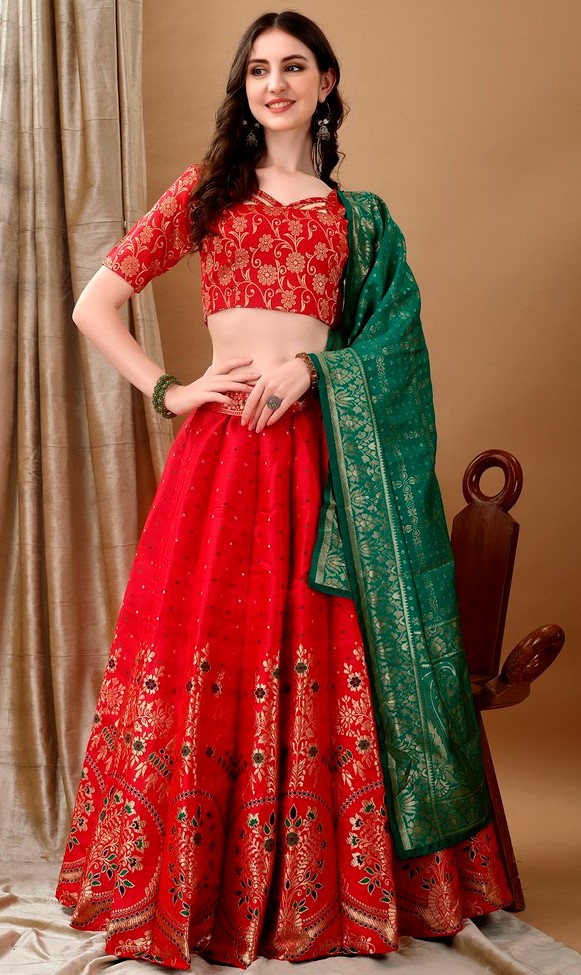 Glowing Red Color Jacquard Fabric Party Wear Lehenga