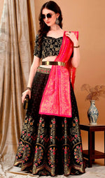 Glowing Black Color Jacquard Fabric Party Wear Lehenga