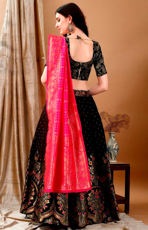 Glowing Black Color Jacquard Fabric Party Wear Lehenga