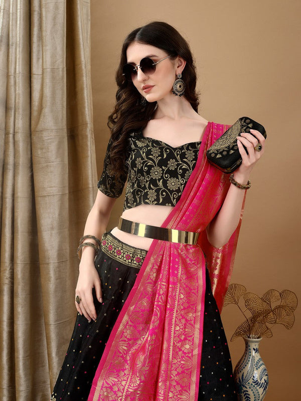 Glowing Black Color Jacquard Fabric Party Wear Lehenga