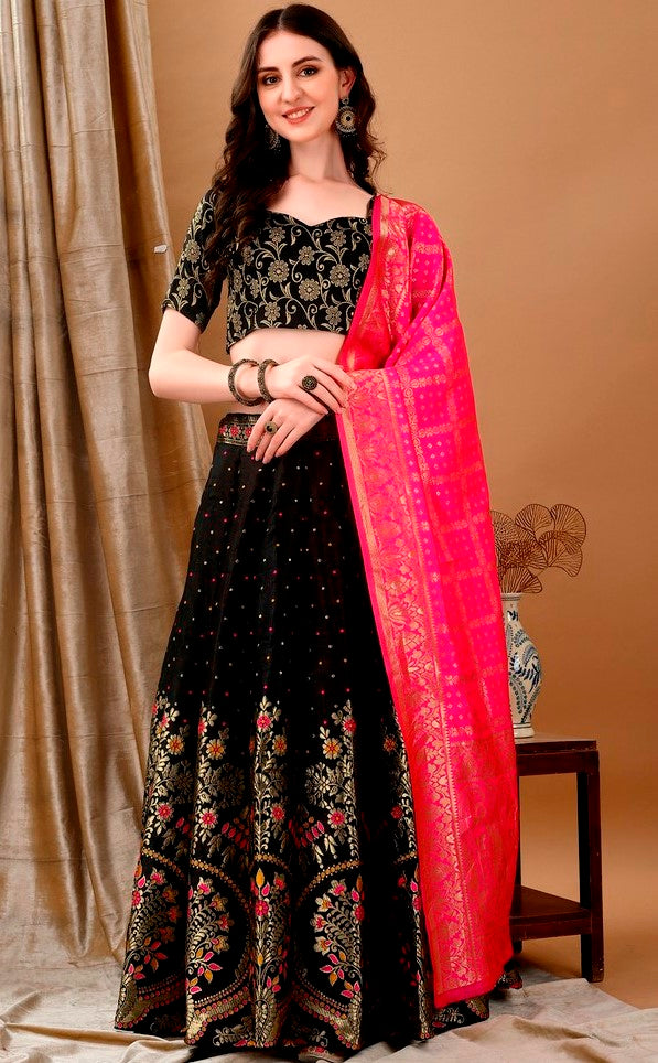Glowing Black Color Jacquard Fabric Party Wear Lehenga