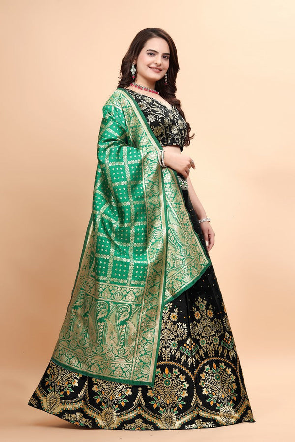 Glowing Black Color Jacquard Fabric Party Wear Lehenga