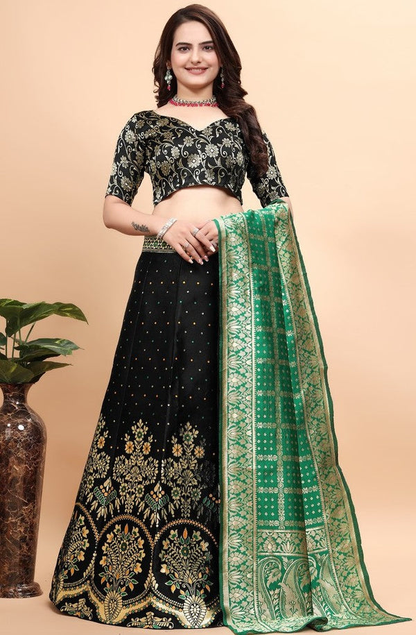 Glowing Black Color Jacquard Fabric Party Wear Lehenga
