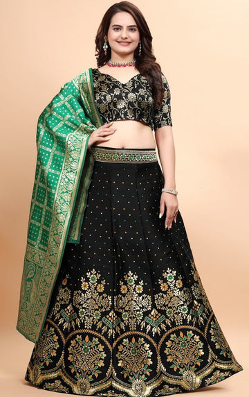 Glowing Black Color Jacquard Fabric Party Wear Lehenga