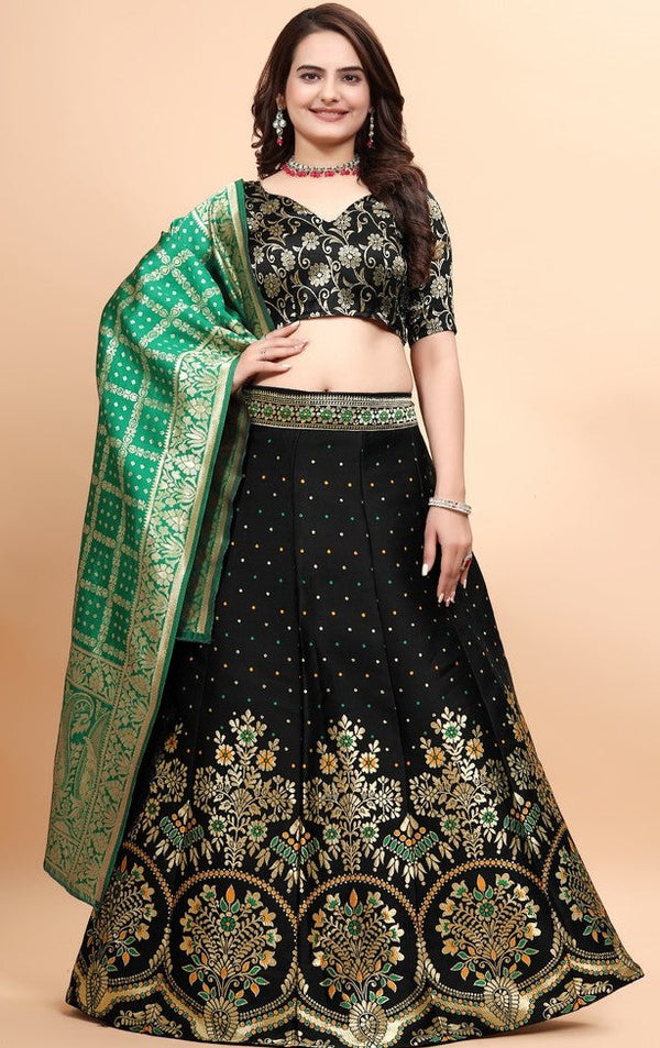 Glowing Black Color Jacquard Fabric Party Wear Lehenga