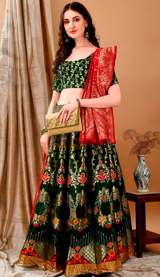 Charming Green Color Jacquard Fabric Party Wear Lehenga