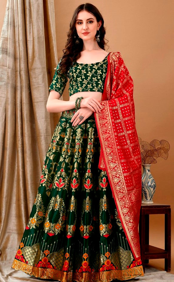 Charming Green Color Jacquard Fabric Party Wear Lehenga