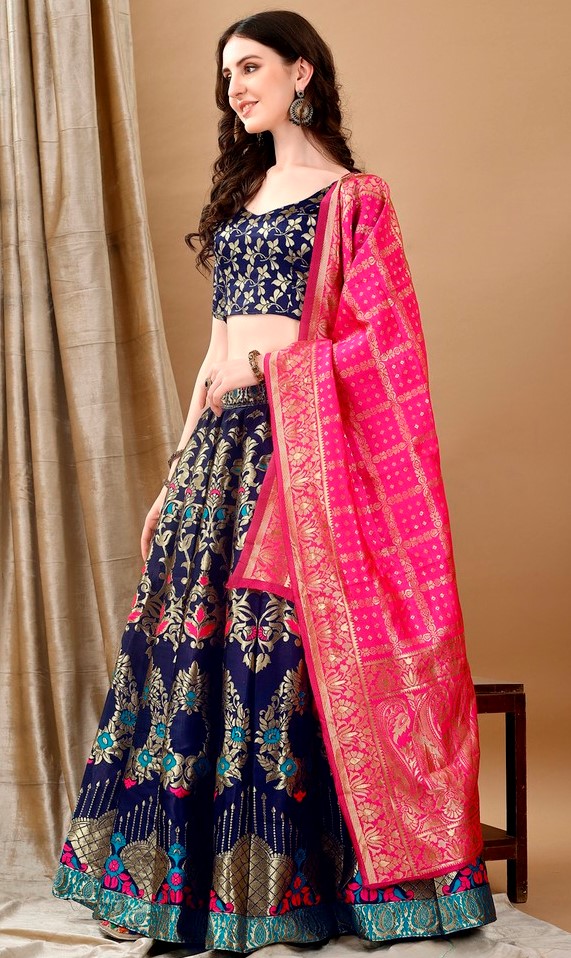 Charming Navy Blue Color Jacquard Fabric Party Wear Lehenga