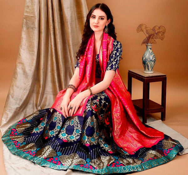 Charming Navy Blue Color Jacquard Fabric Party Wear Lehenga