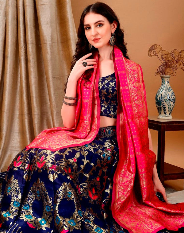 Charming Navy Blue Color Jacquard Fabric Party Wear Lehenga