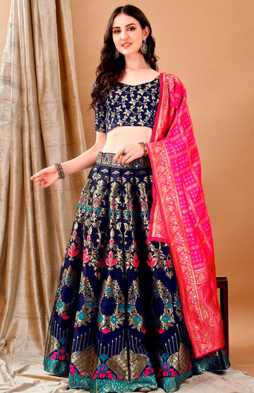 Charming Navy Blue Color Jacquard Fabric Party Wear Lehenga
