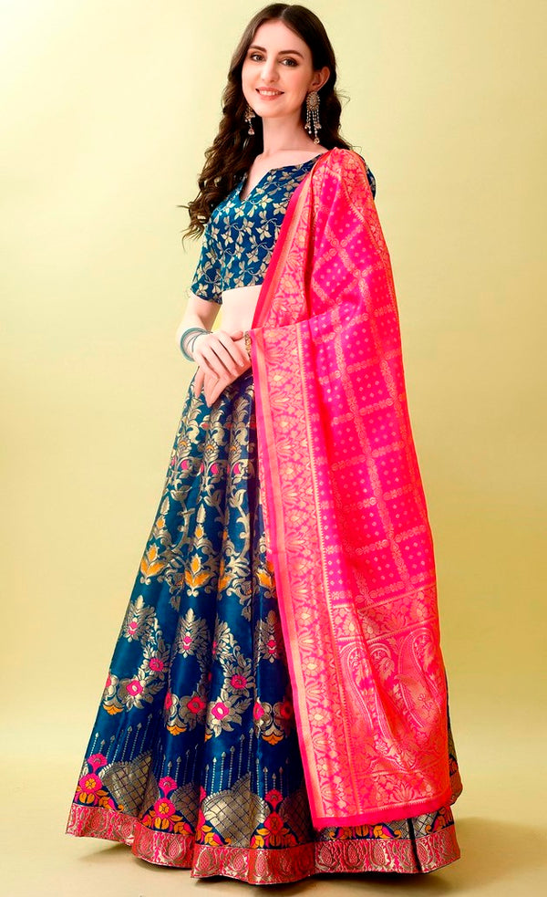 Charming Teal Color Jacquard Fabric Party Wear Lehenga