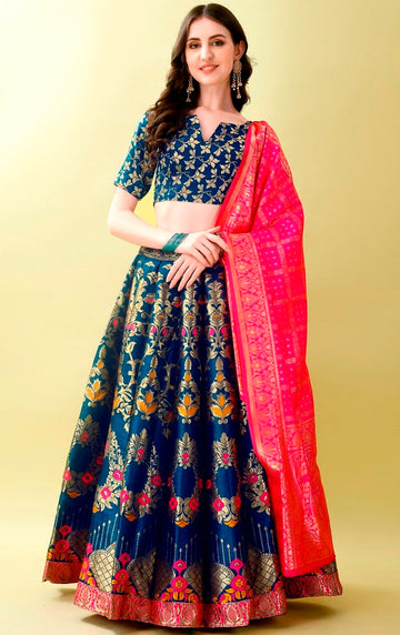 Charming Teal Color Jacquard Fabric Party Wear Lehenga