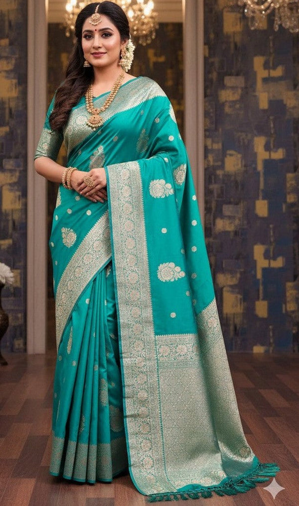 Impressive Teal Color Silk Fabric Casual Saree