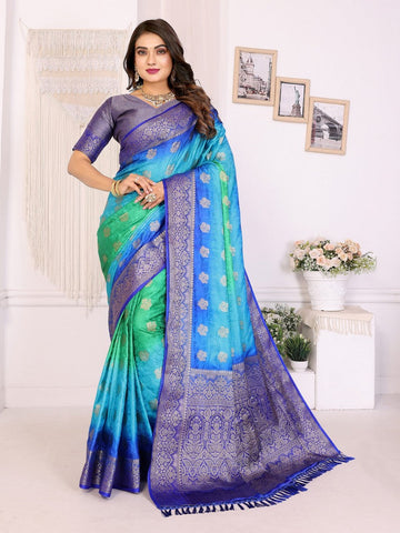 Classy Blue Color Satin Fabric Partywear Saree