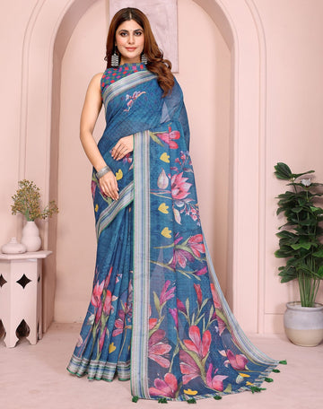 Lovely Blue Color Cotton Fabric Casual Sarees