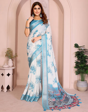 Lovely White Color Cotton Fabric Casual Sarees