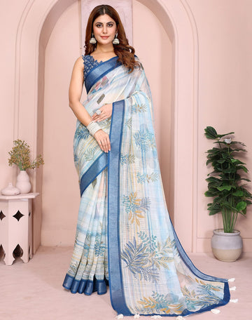 Lovely Blue Color Cotton Fabric Casual Sarees