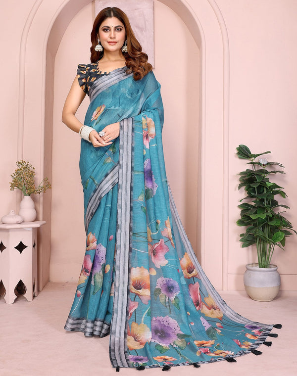 Lovely Blue Color Cotton Fabric Casual Sarees