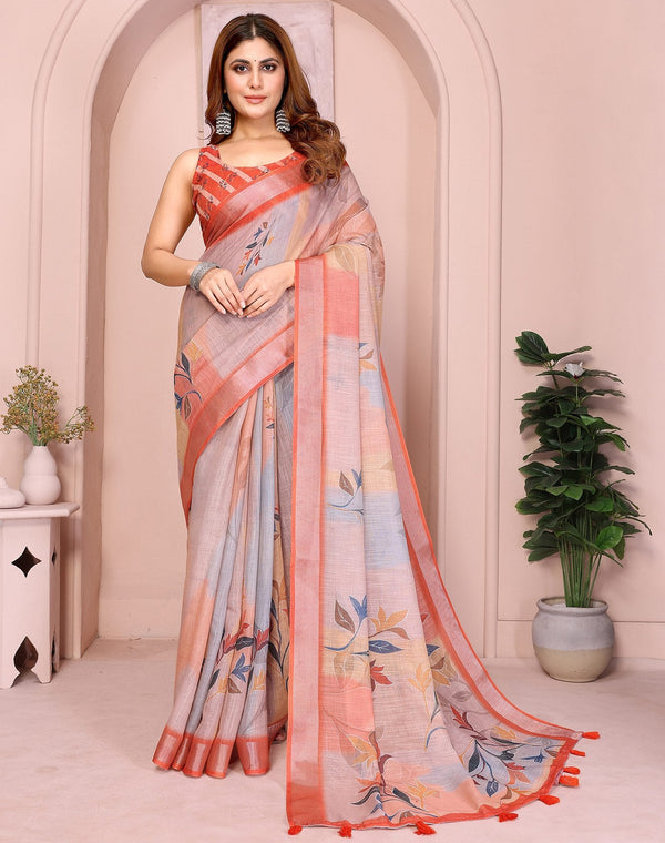 Lovely Orange Color Cotton Fabric Casual Sarees