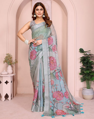 Lovely Aqua Color Cotton Fabric Casual Sarees
