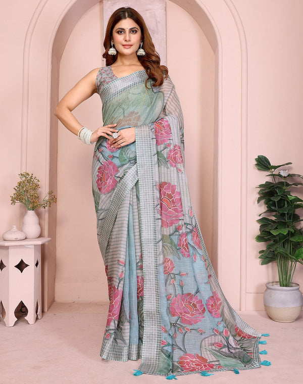 Lovely Aqua Color Cotton Fabric Casual Sarees