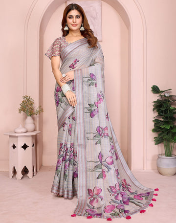 Lovely Grey Color Cotton Fabric Casual Sarees